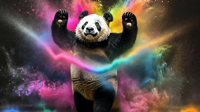 A panda bear covered in colorful powder throws its paws in the air and smiles.