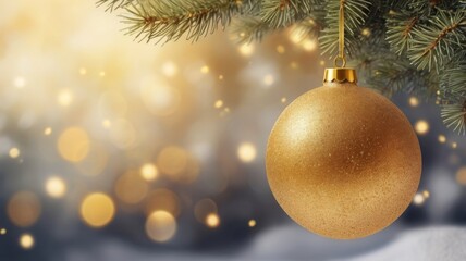Christmas background. Golden New Year's ball on a Christmas tree branch in the winter forest
