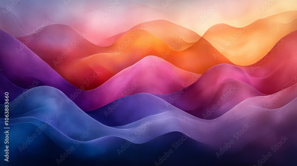 Poster an abstract composition showing a series of delicate, overlapping lines in a soft gradient, inspired