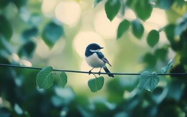 Obraz premium 緑の葉の間に佇む小さな鳥が伝える穏やかな時の流れ