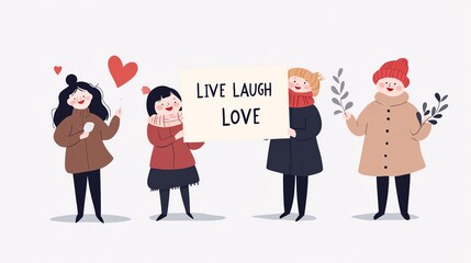 A joyful illustration of friends holding a sign that says 'Live Laugh Love' with hearts and positive vibes.