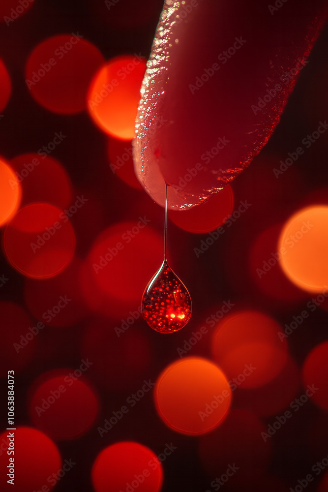 Poster a macro shot of a fingertip with a small, round blood drop, with soft reflections and a blurred back