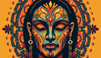 Vibrant illustration of a woman with intricate face paint and bold patterns against a colorful backdrop