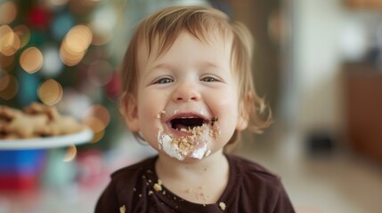 A joyful toddler with a face full of frosting expresses pure delight, capturing the innocence and messiness of childhood during a festive celebration.