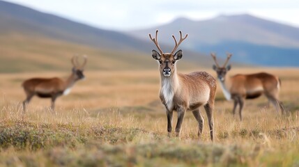 Obraz premium A majestic deer stands in a serene landscape, surrounded by lush grass and distant mountains, showcasing the beauty of nature.