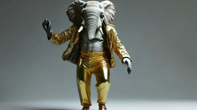 A person in an elephant costume wearing golden clothing is dancing.
