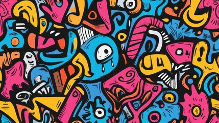 Vibrant abstract pattern filled with colorful shapes and doodles, creating a lively and dynamic atmosphere.