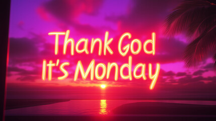 Thank God It’s Monday" with Vibrant Sunset Over Ocean