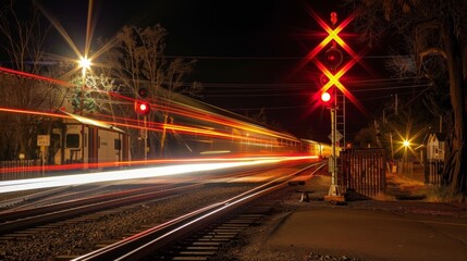 A long exposure captures the peacefulness of a rural train crossing as cars and trains move in harmony.