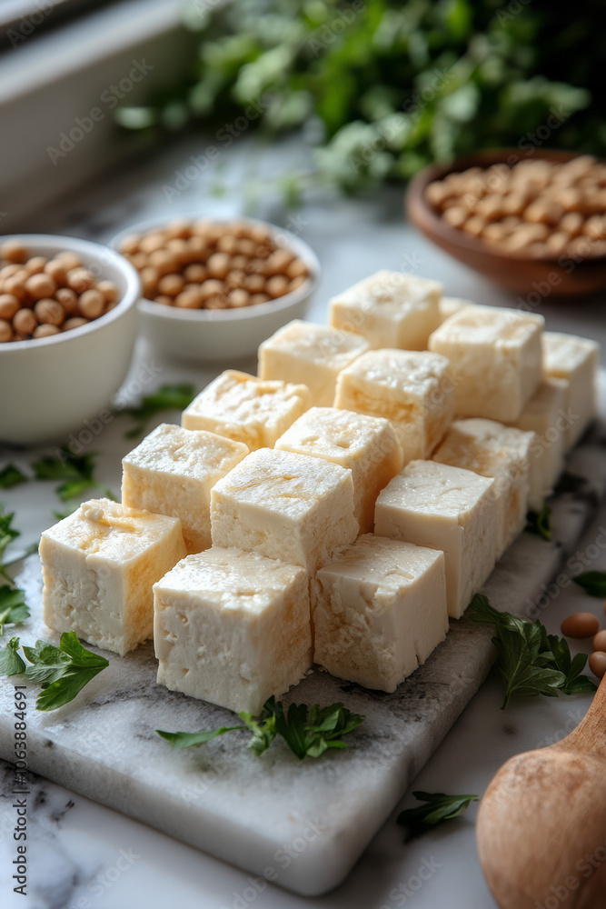 Poster a serene scene of tofu blocks stacked in a symmetrical pattern on a marble surface, with a few scatt