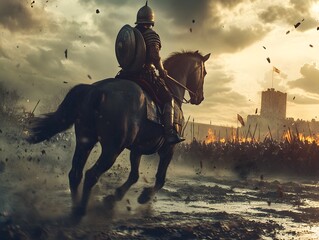 Knight on Horseback in Dramatic Battlefield Scene