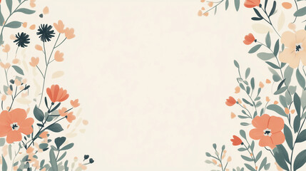 Floral Border with Pastel Orange and Green Leaves on Beige Background