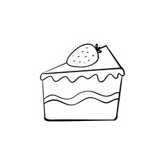 Doodle cartoon cake slice with strawberry and toppings. Cute dessert doodle. Slice of cake