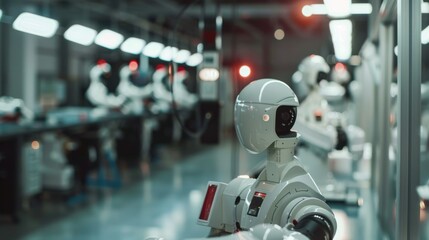 Industrial robots in a factory setting, their sleek design glowing under bright lights, symbolize the cutting edge of technology and automation.