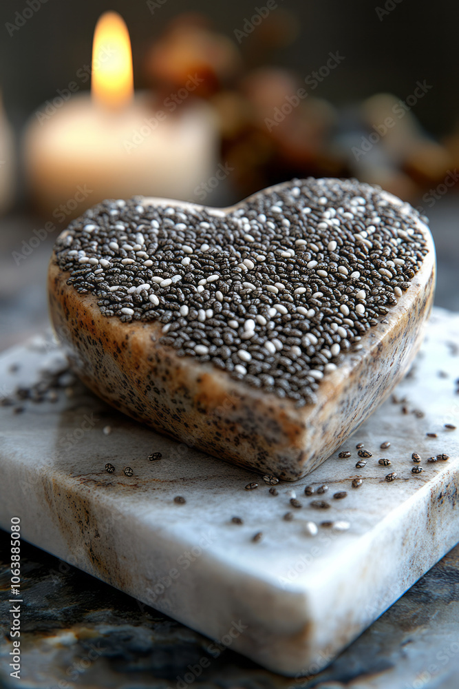 Poster a minimalist scene featuring a small portion of chia seeds sprinkled in the shape of a heart on a li