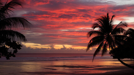 Fototapeta na wymiar A vibrant sunset over a serene beach, featuring silhouetted palm trees against a stunning sky of red and orange hues, creating a tranquil tropical atmosphere.