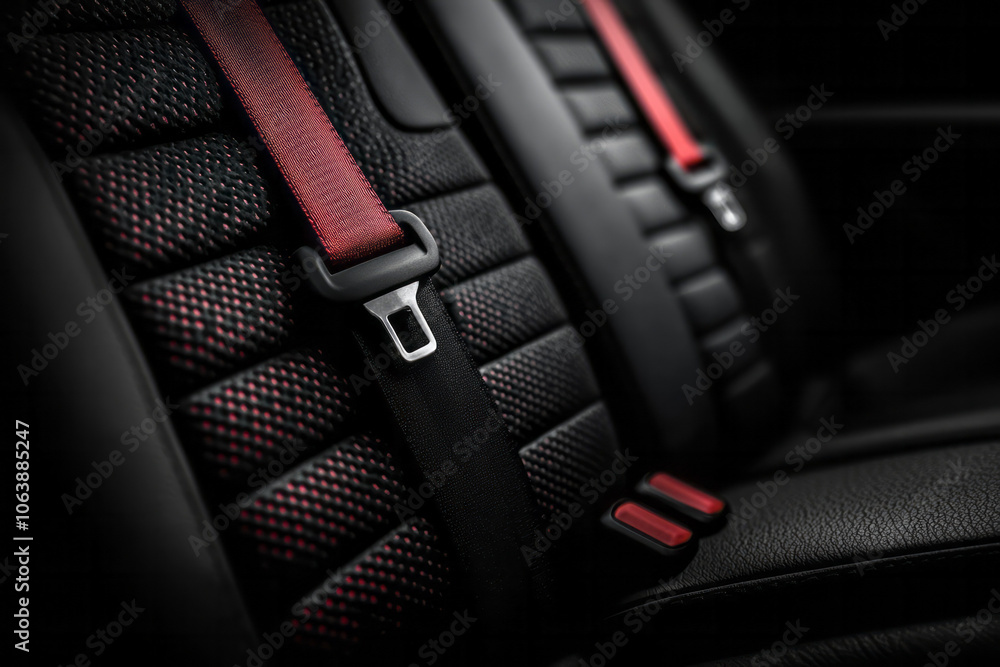 Poster a close-up image of a seatbelt clicked into place, with soft ambient lighting creating gentle shadow