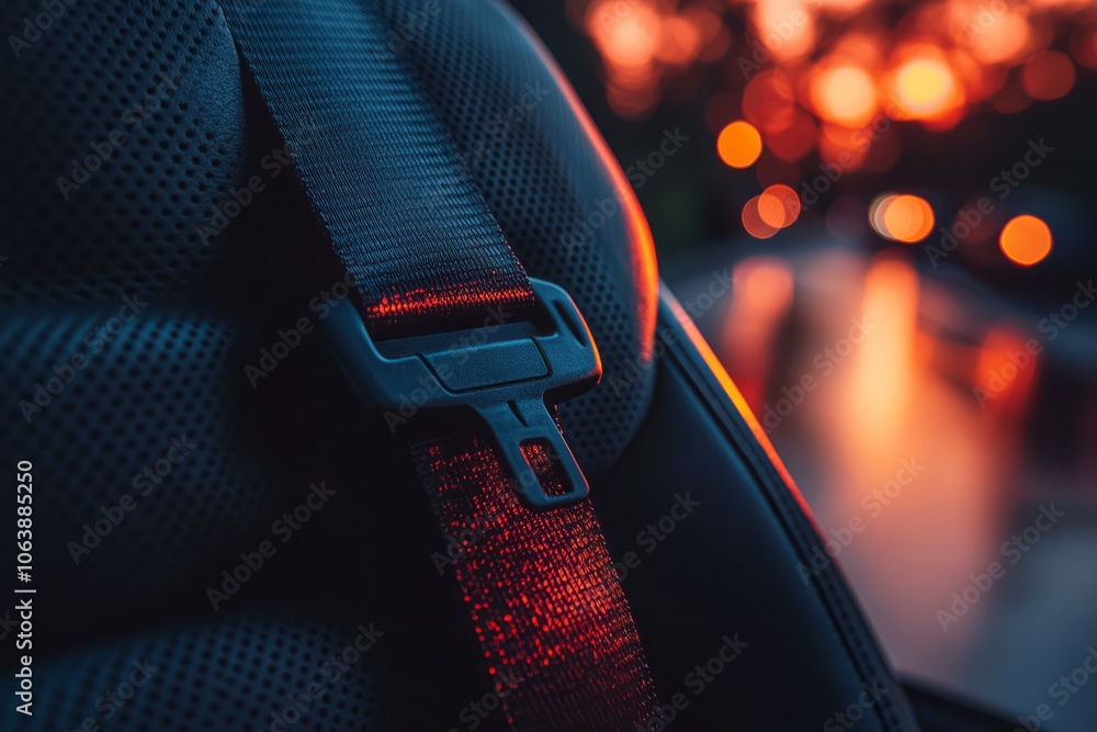 Poster a close-up image of a seatbelt clicked into place, with soft ambient lighting creating gentle shadow
