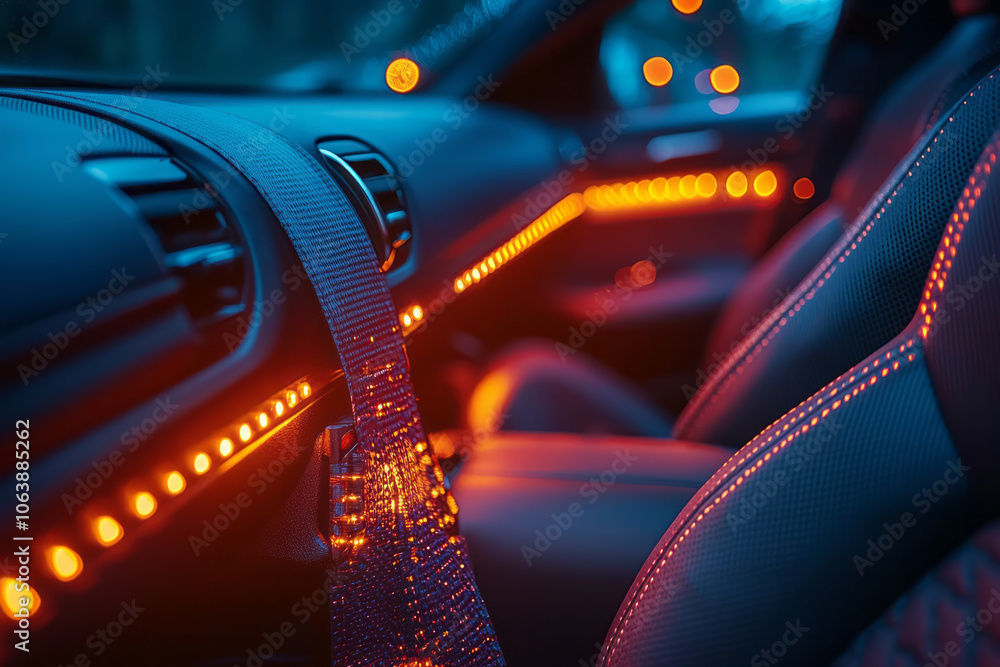 Poster a close-up image of a seatbelt clicked into place, with soft ambient lighting creating gentle shadow