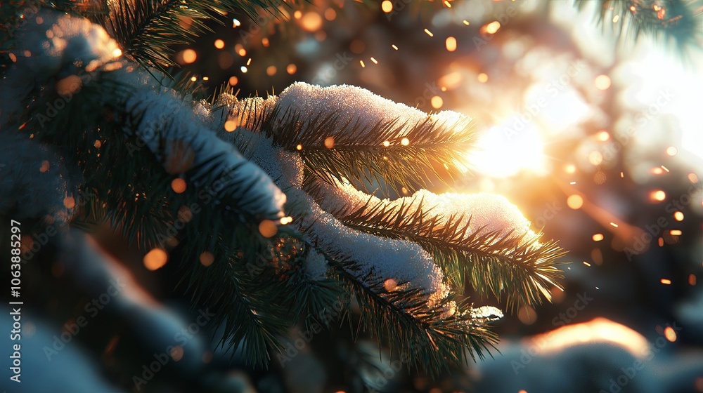 Poster Close-up of snow-covered pine branches with sunlight filtering through