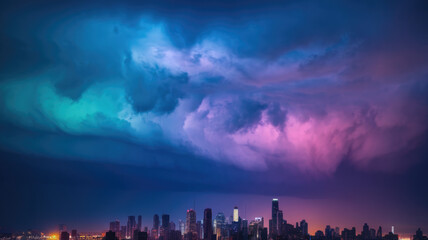 Obraz premium A breathtaking city skyline under a dramatic twilight sky, showcasing vibrant hues of teal, purple, and blue amidst rolling clouds. The scene evokes a sense of awe and wonder.