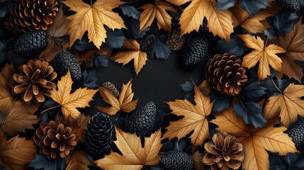 Elegant golden leaves and pine cones arranged artfully on a dark background, creating a luxurious autumn ambiance.