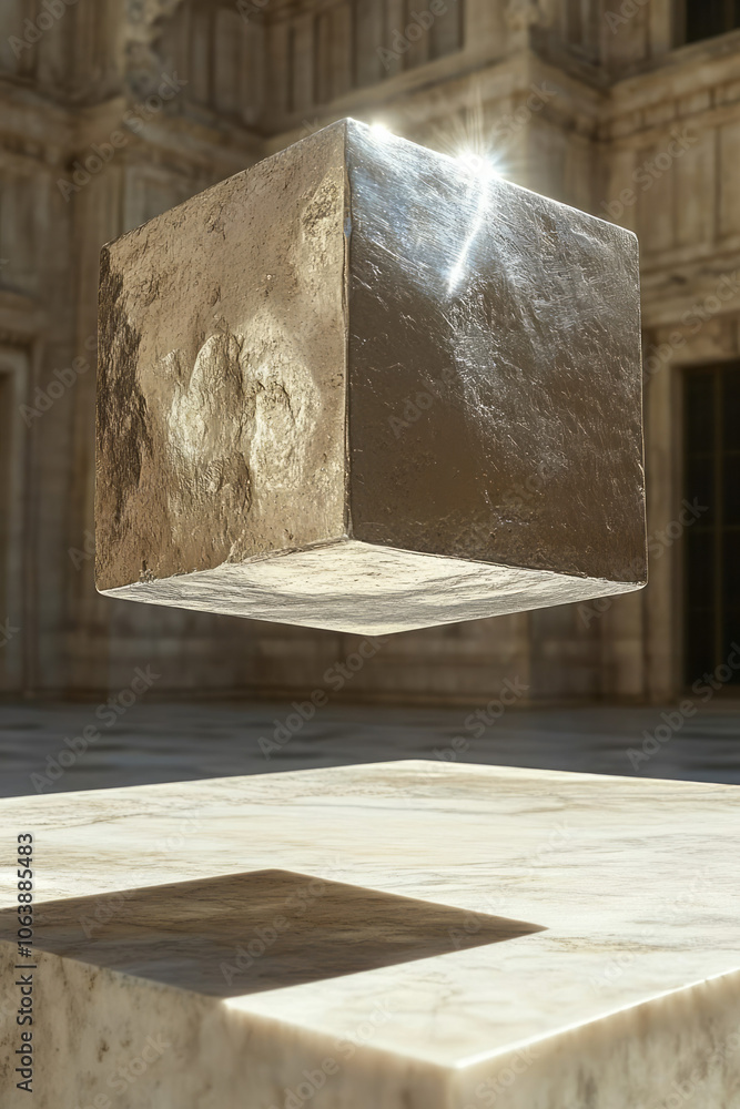 Poster a floating silver cube with slightly rounded edges, hovering above a neutral-colored surface, castin