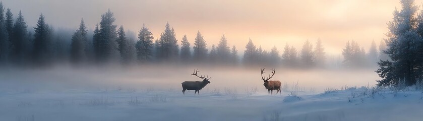 Two majestic deer standing in a serene, snowy landscape with mist rising from the ground during sunrise.