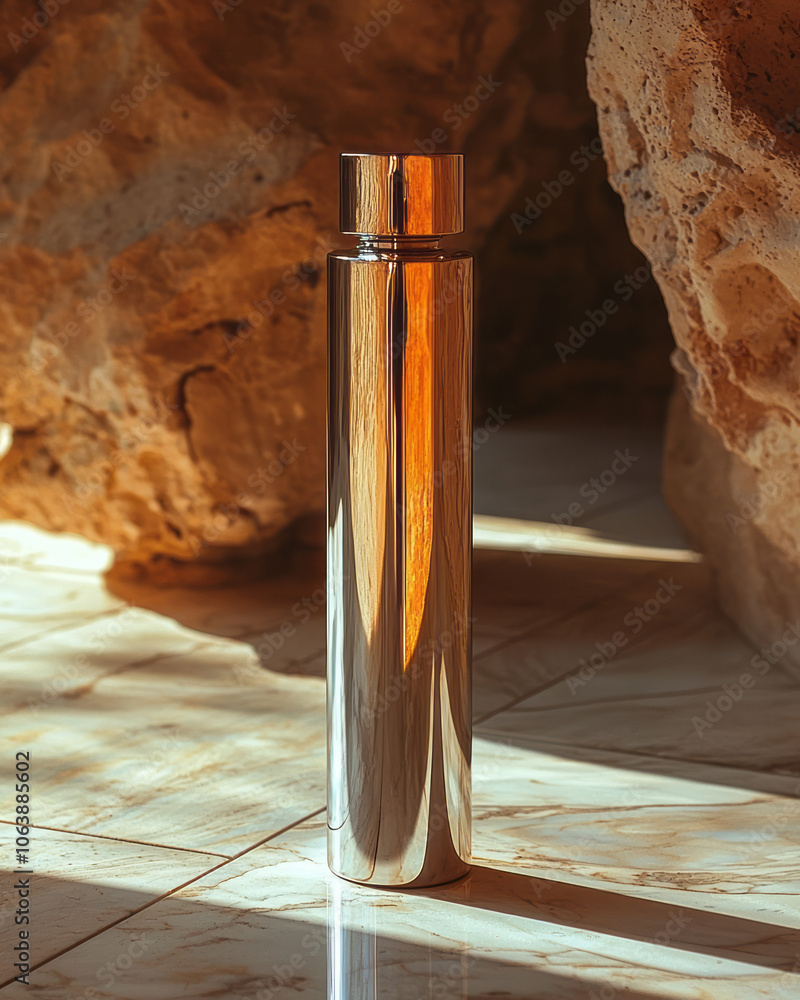 Poster a minimalist composition of a single chrome-colored cylinder standing upright on a smooth, matte bac