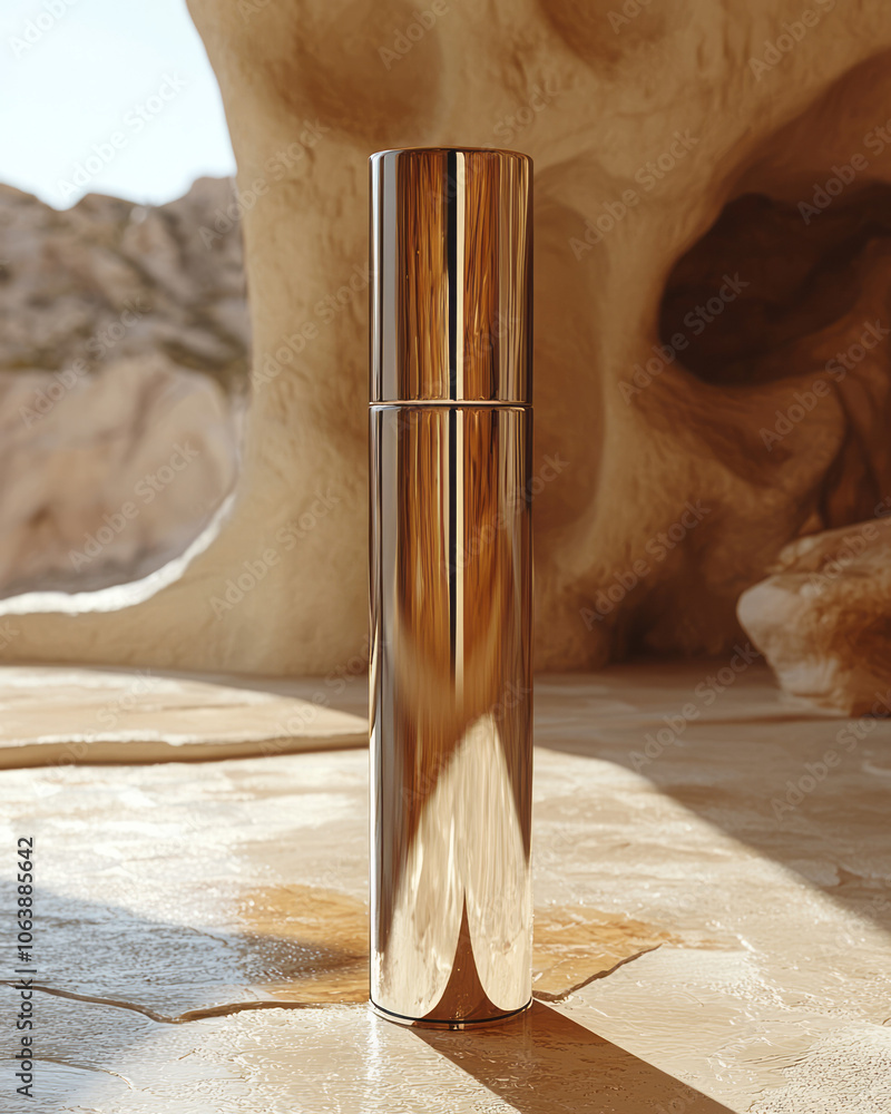 Poster a minimalist composition of a single chrome-colored cylinder standing upright on a smooth, matte bac