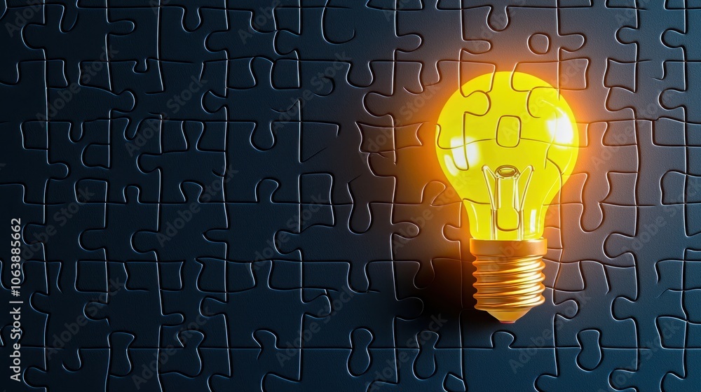 Poster glowing puzzle pieces coming together to form a bright idea lightbulb, symbolizing problem-solving.