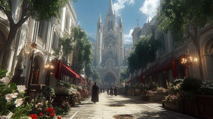 A grand, white stone cathedral sits at the end of a cobblestone street lined with trees and shops, bathed in the golden light of a sunny day.