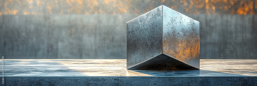 Poster a metallic rhombus with a matte zinc texture, standing on one edge with a soft shadow falling across