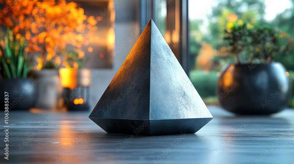 Poster a geometric 3d cone with a muted steel color, placed on a flat, light surface, with the top of the c