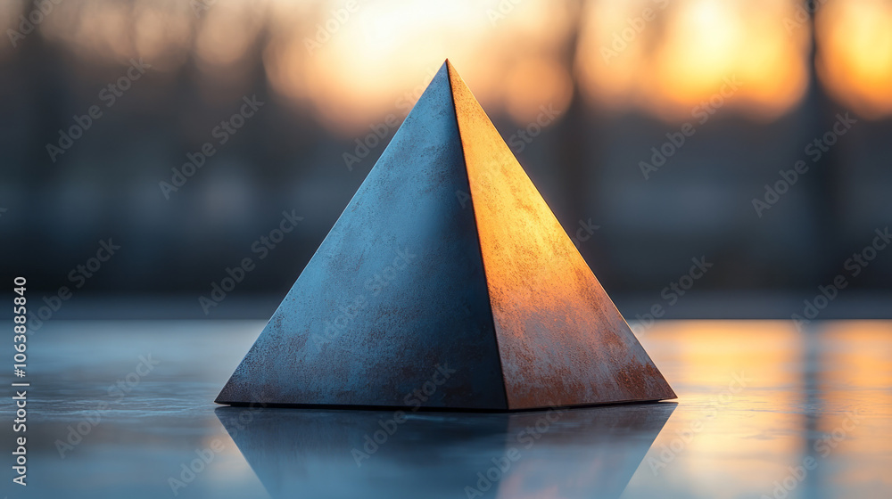 Poster a geometric 3d cone with a muted steel color, placed on a flat, light surface, with the top of the c