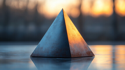 Fototapeta premium A geometric 3D cone with a muted steel color, placed on a flat, light surface, with the top of the cone softly glowing from ambient light, creating a sense of calm and simplicity,