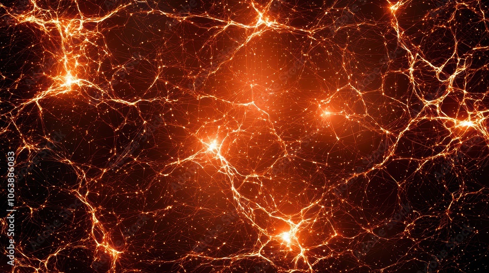 Poster abstract depiction of energetic connections resembling neural networks on dark background.