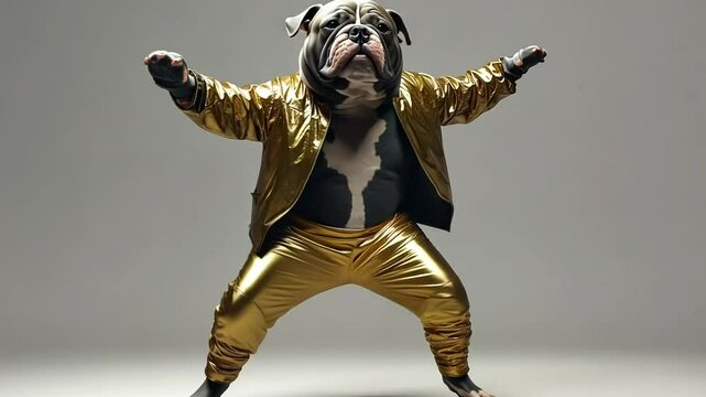 A playful grey and white bulldog wearing gold clothing is striking a pose.