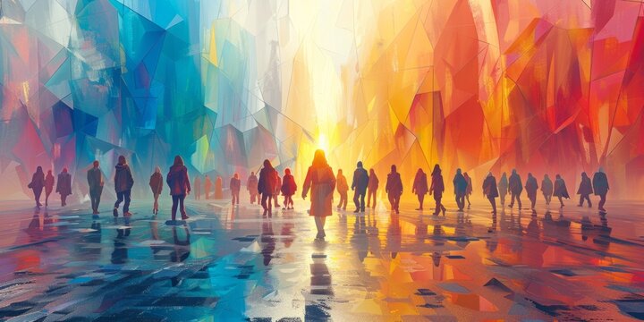 Jesus shares profound teachings parables captivated crowd vibrant geometric environment illuminated bright daytime light and surrounded abstract elements.