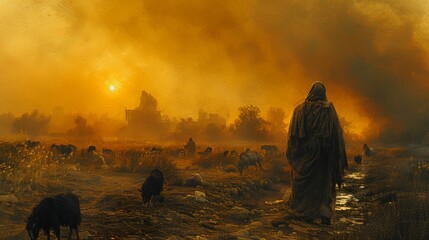 moment Jesus wilderness highlighting his isolation and challenging environment wild animals subtly integrated harsh desert landscape.