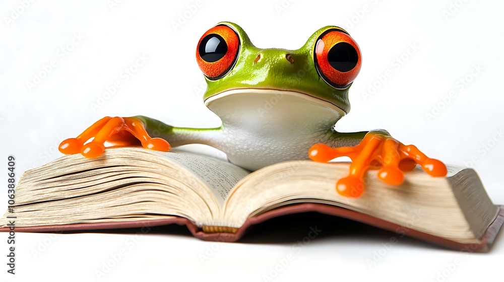 Poster tiny frog reading an open book
