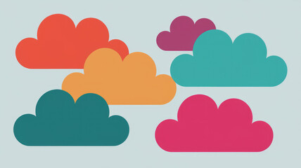 Obraz premium A vibrant array of colorful clouds in orange, teal, pink, and purple against a light blue background, creating a cheerful and whimsical atmosphere.