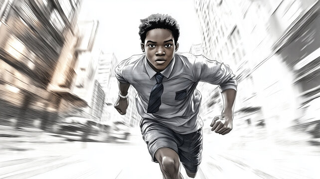 A determined young black man races through a bustling city street in summer