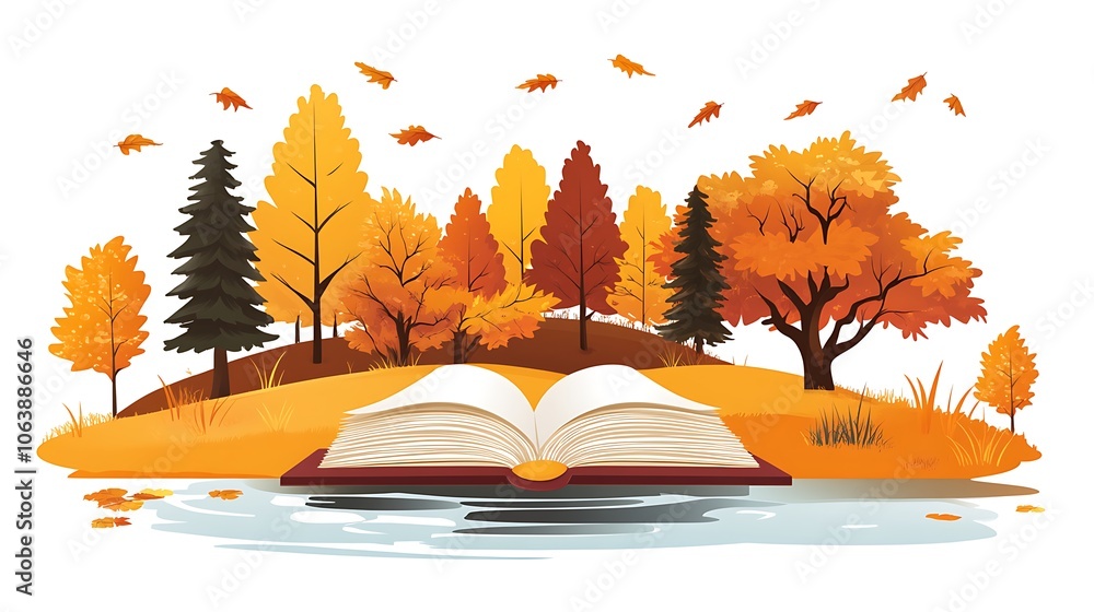 Poster peaceful lake with open book in autumn setting
