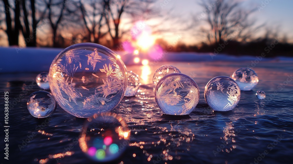 Poster frozen bubbles trapped beneath the surface of a lake, creating a unique winter phenomenon