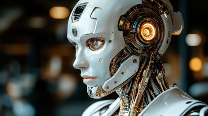 Fototapeta premium Close-up portrait of a female humanoid robot with intricate mechanical details, showcasing a realistic and futuristic design.
