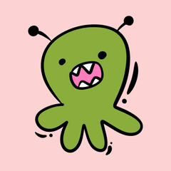 Colorful doodle of cute alien for children t-shirts. Hand drawn line art cartoon vector illustration.
