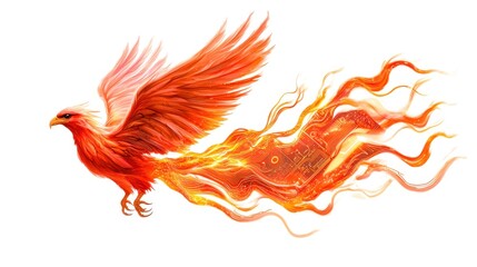Obraz premium Mythical phoenix soaring with flames, vibrant colors, white isolated background.