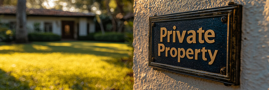 A small, understated Private Property plaque on a plain white wall, with gentle shadows and soft lighting creating a sense of subtle exclusivity and boundaries,