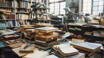 An eclectic hodgepodge of books and papers crowd a dimly lit library, capturing the essence of scholarly exploration and chaos.